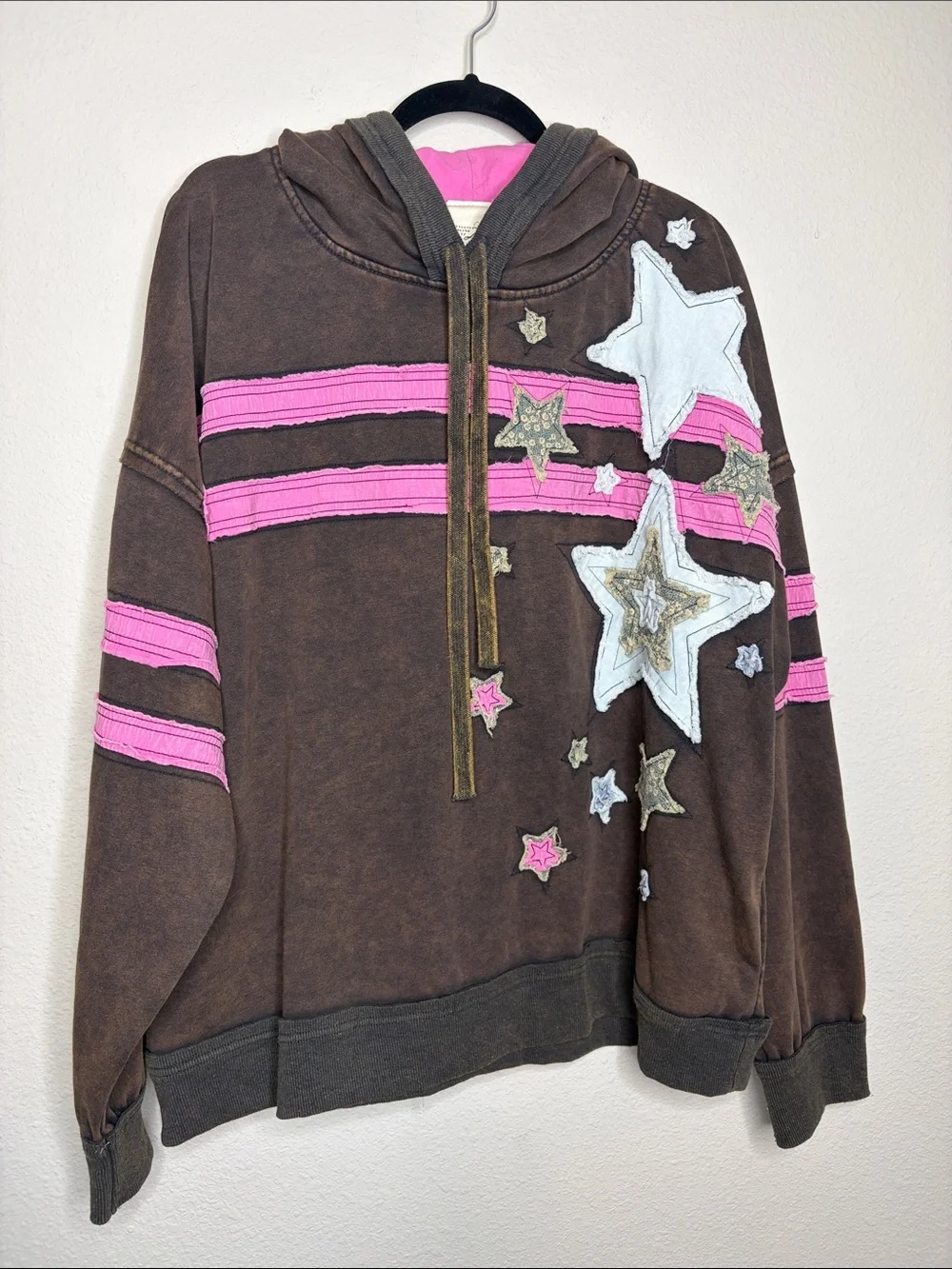Artistic Works by Lu | Women’s Brown Washed Boho Star Hoodie Size XL